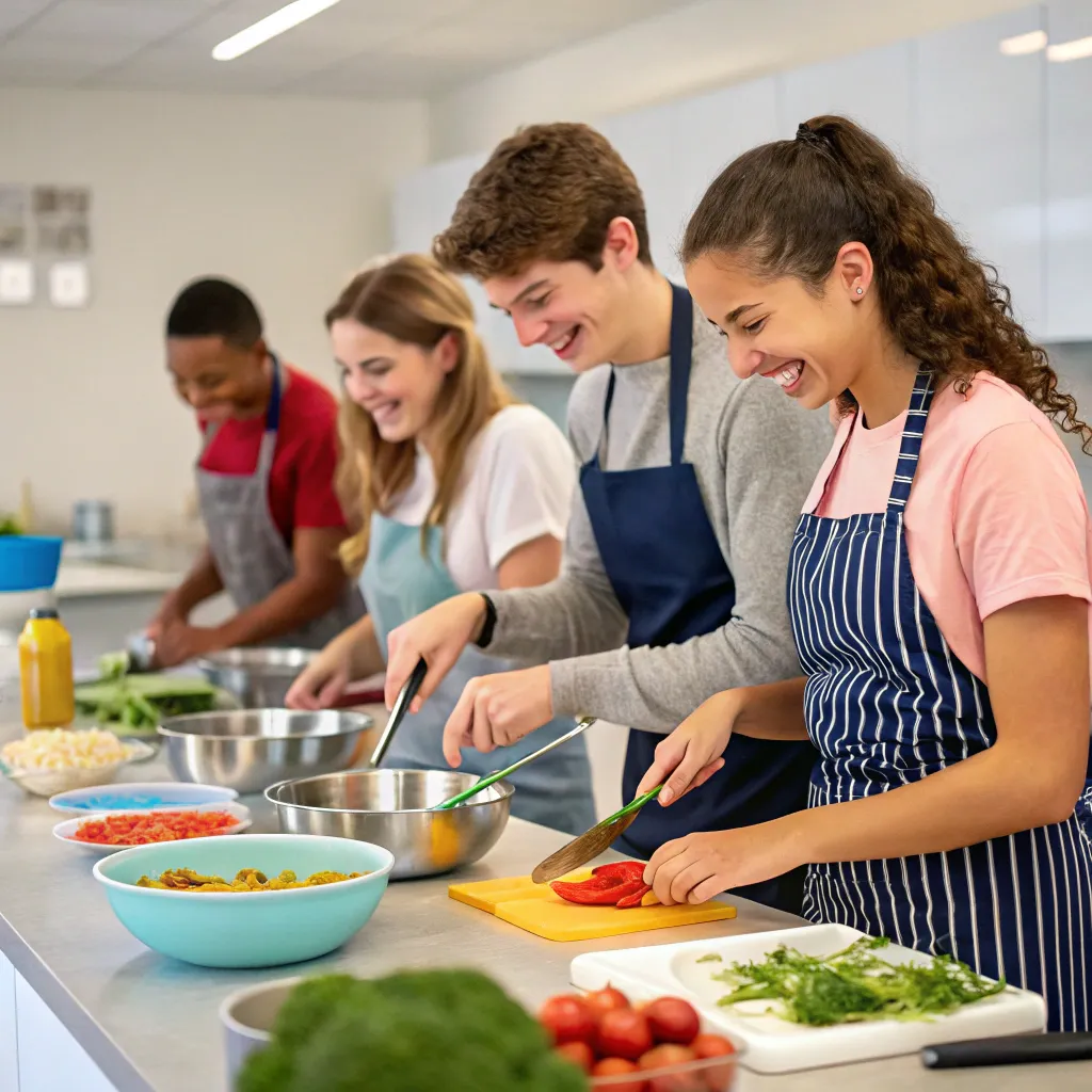 A group of enthusiastic learners cooking together