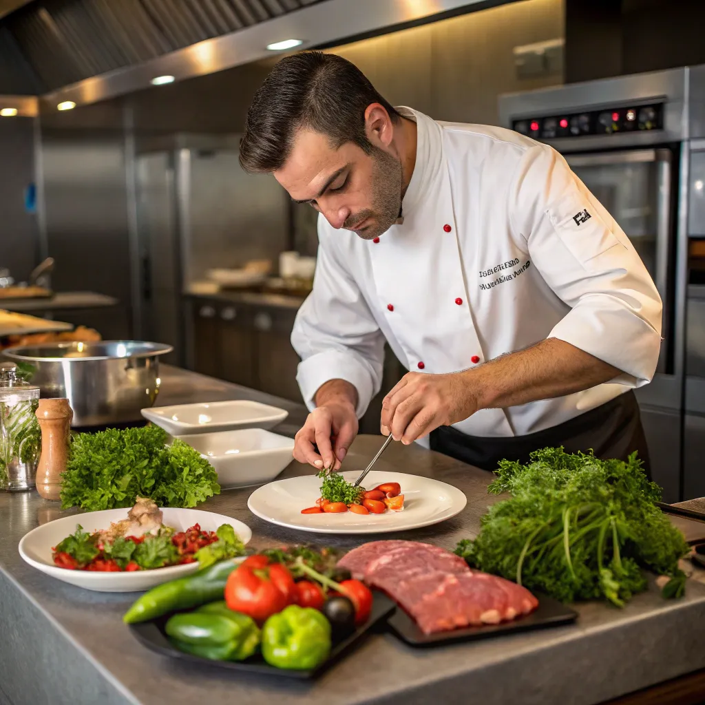 A chef preparing a gourmet dish with fresh ingredients